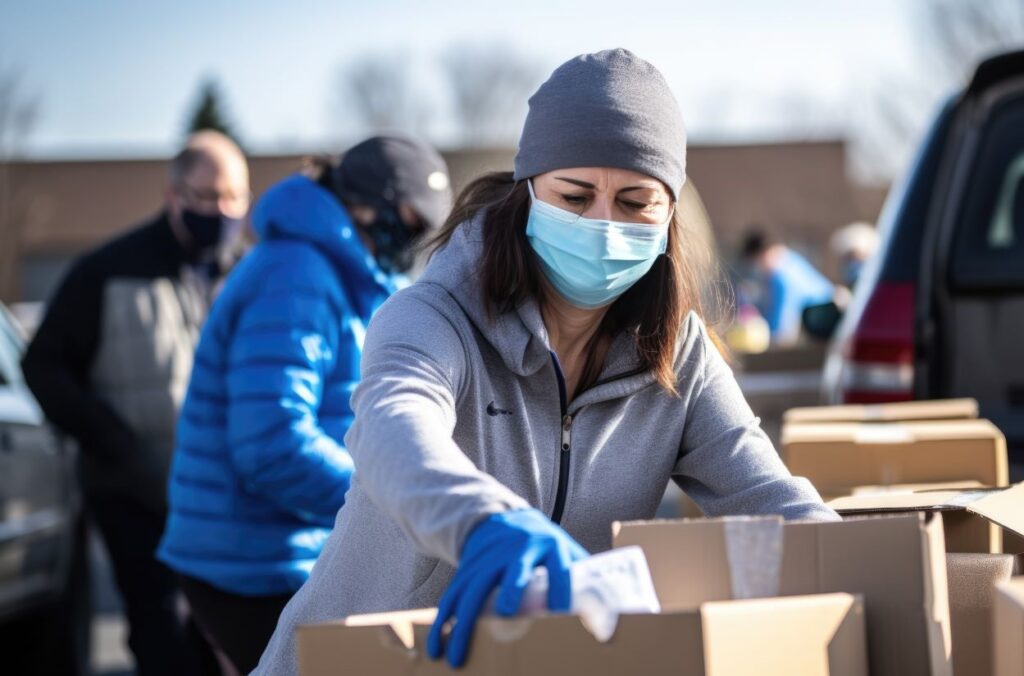 Woman moving boxes using a face mask.