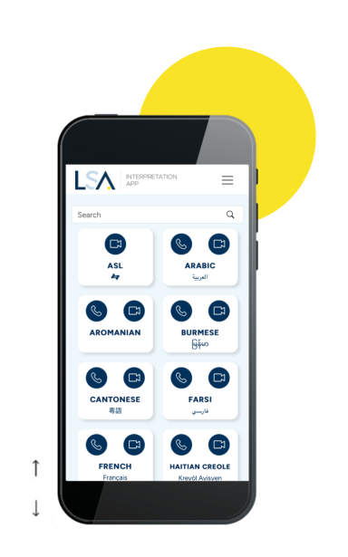 LSA app screen showing languages available.